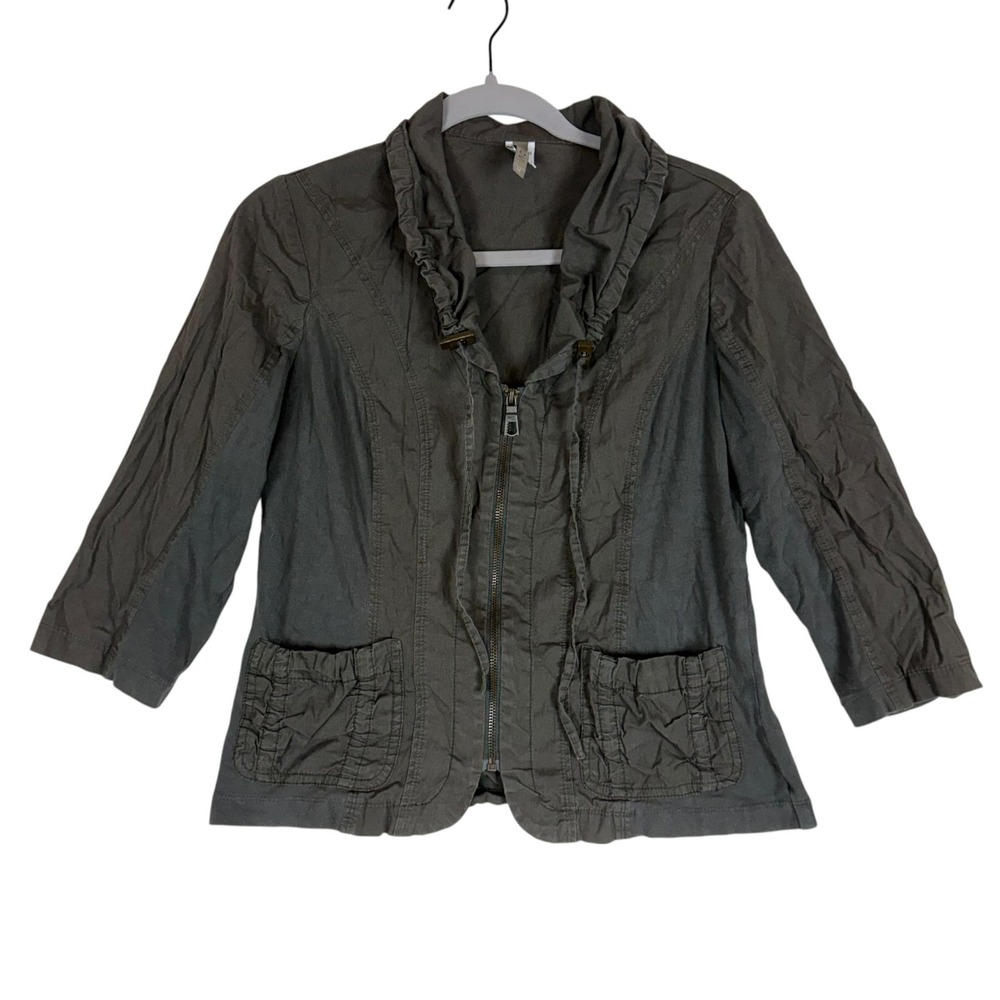 XCVI Jacket Womens Medium Gray Twill Ruffle Collar 3/4 Sleeve Zip Pockets